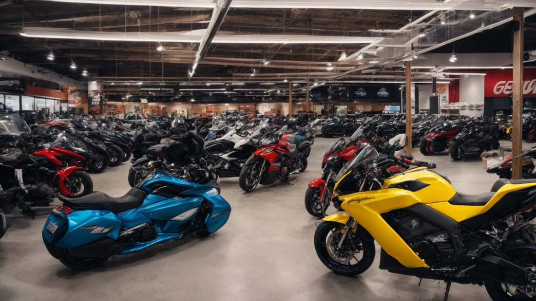 Large showroom with various motorcycles, ATVs, and scooters on display indoors.