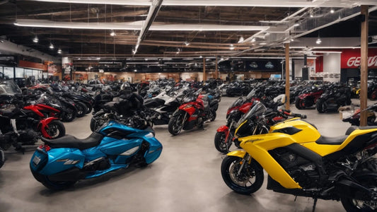 Large showroom with various motorcycles, ATVs, and scooters on display indoors.