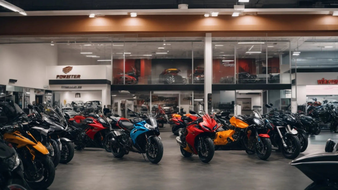 Modern powersports dealership showroom with colorful ATVs and motorcycles on display