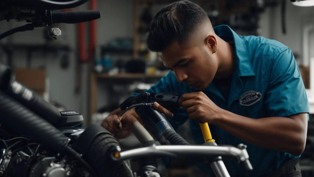 Service technician working on a dirt bike in a repair shop, focusing on maintenance.
