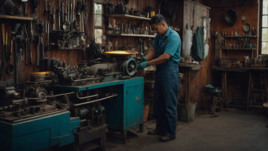 Mechanic repairing small engine with tools in a cluttered workshop, automotive repair shop