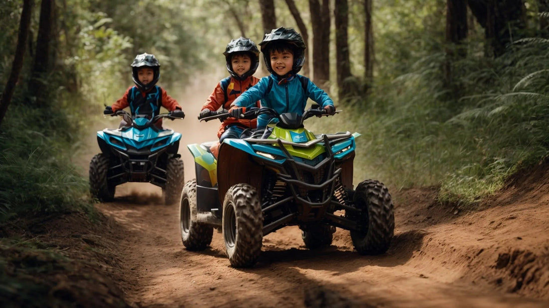 Kids riding youth ATVs on a forest trail, wearing helmets and outdoor gear