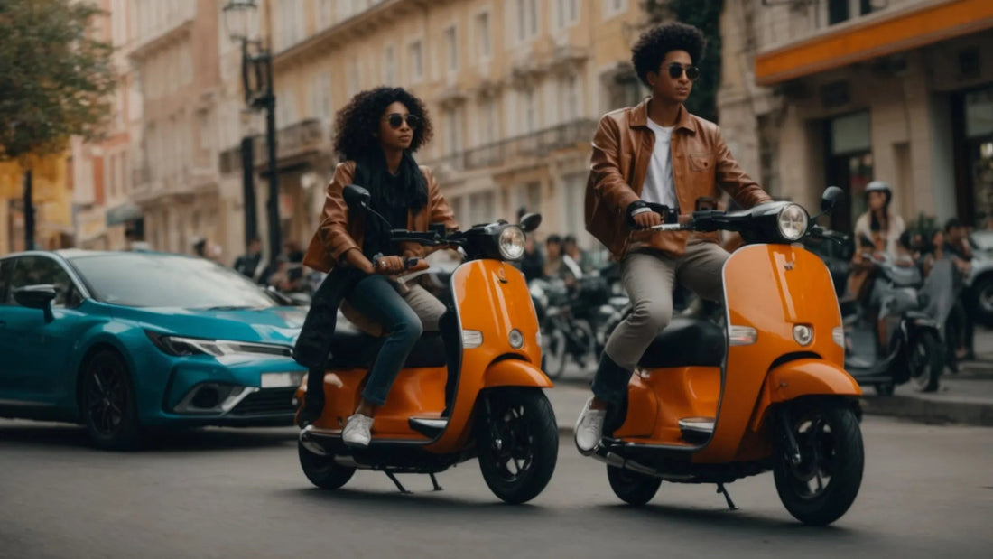 Two young adults riding orange scooters on a city street, urban background, stylish look