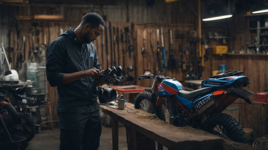 Technician repairing blue and red dirt bike in workshop with tools on wall
