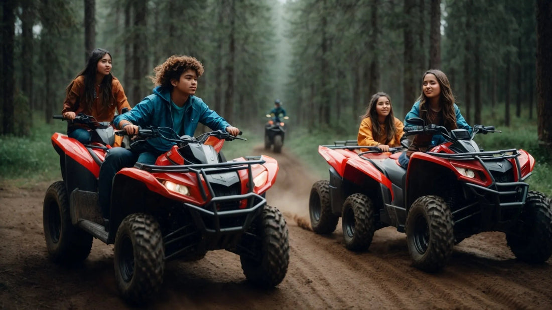 Teenagers riding red ATVs on a dirt trail through a forest, off-road adventure