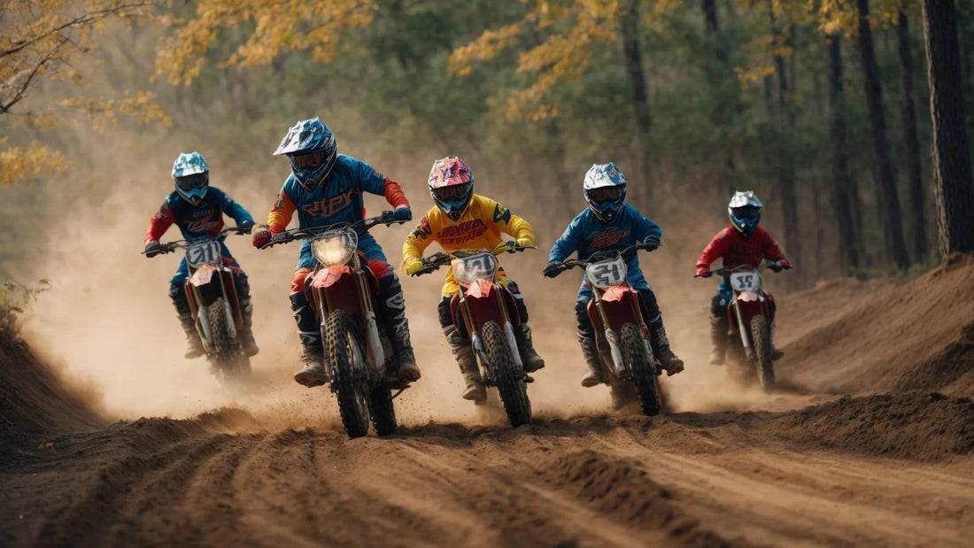 Group of teenagers riding dirt bikes on a forest trail, kicking up dust, wearing helmets
