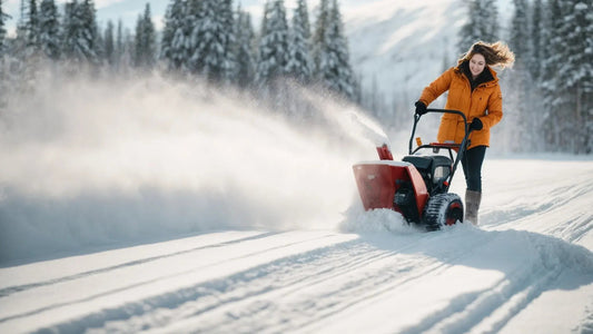 Woman in orange jacket using red snowblower to clear snow on a snowy path with pine trees in background