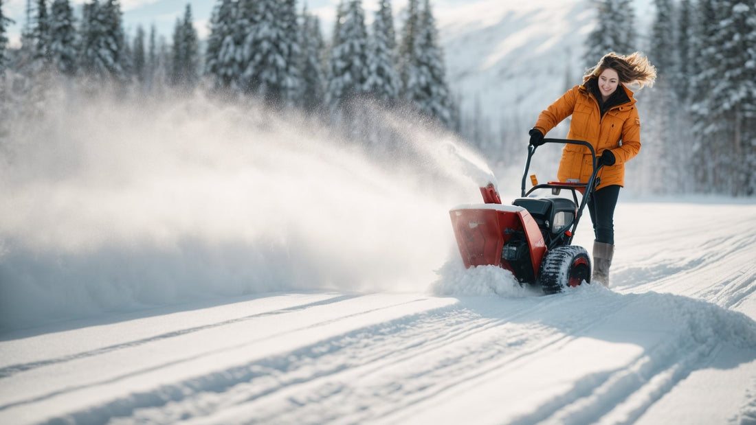 Woman using a red snow blower to clear fresh snow in a snowy outdoor landscape