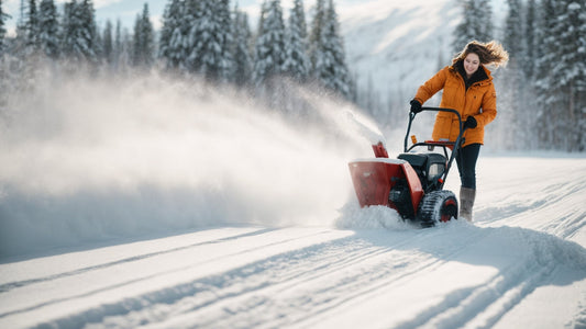 Woman using a red snow blower to clear fresh snow in a snowy outdoor landscape