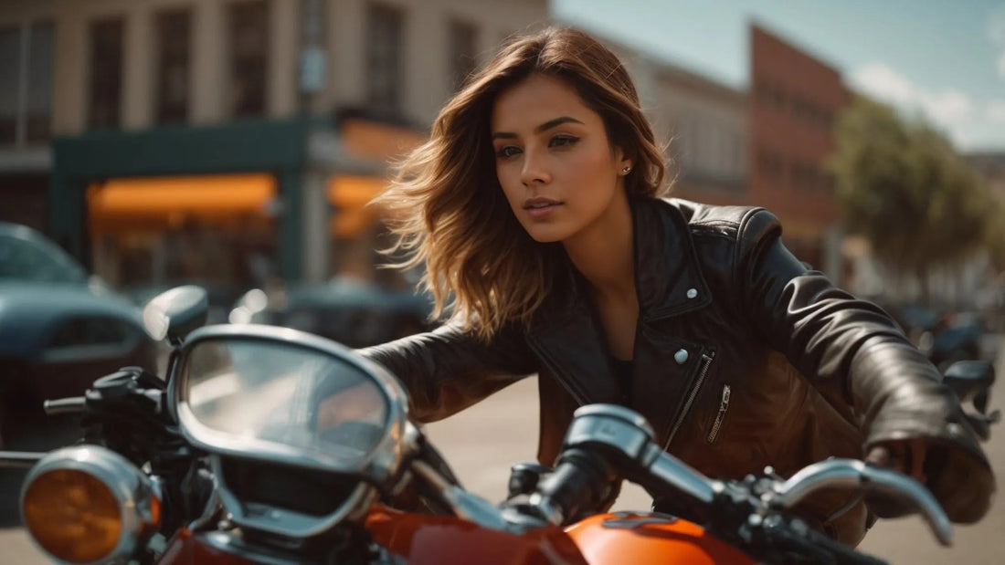 Woman in black leather jacket riding a motorcycle on a city street in daylight
