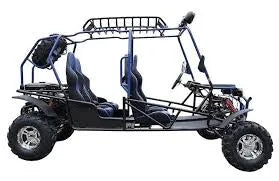 200cc go-kart with two seats, off-road tires, and roll cage, side view on white background