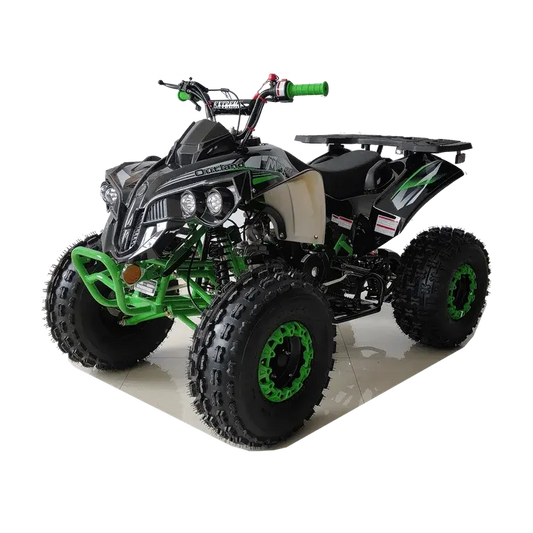 Green and black Outlander 125cc ATV with rugged tires, dual headlights, and sport styling