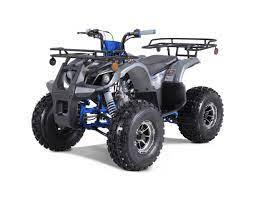 Blue and black utility ATV with rugged tires and front and rear cargo racks on white background