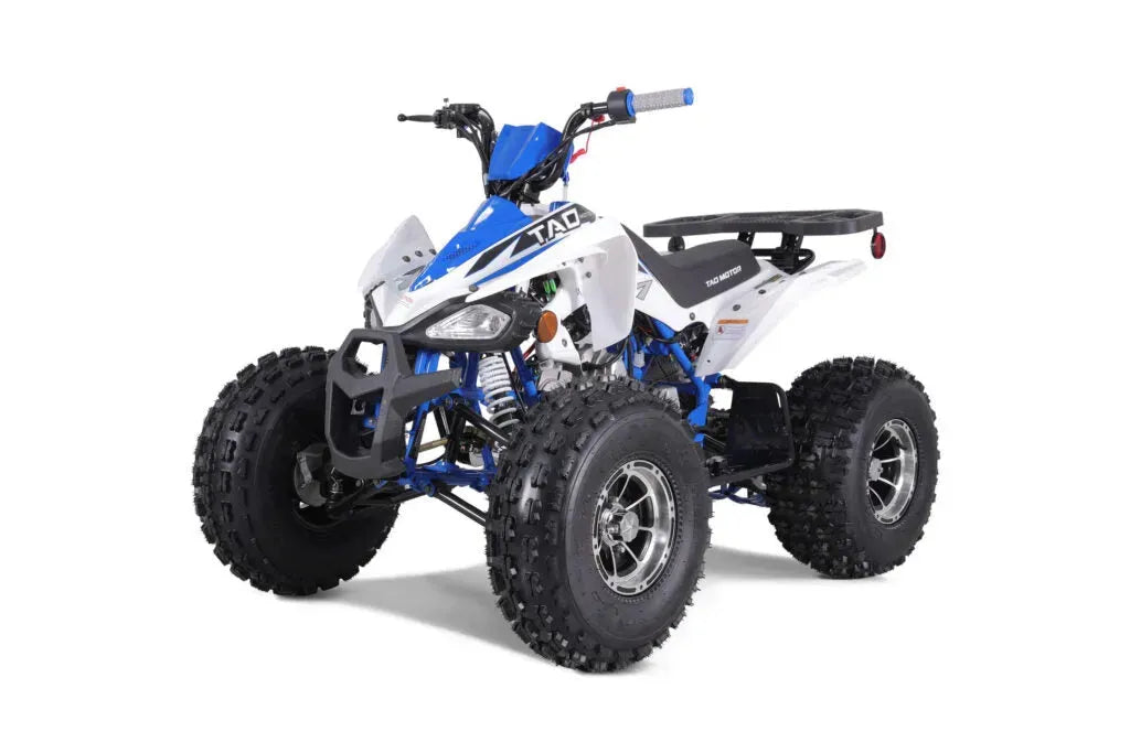 White and blue ATV quad bike with rugged tires on a white background.