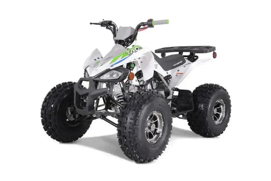 White youth ATV with rugged tires and sporty decals, driverside angle on white background