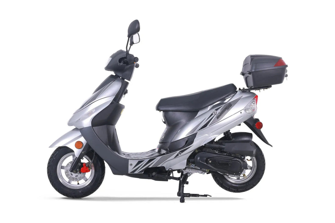 Silver and black 50cc scooter with rear cargo box, side profile on white background