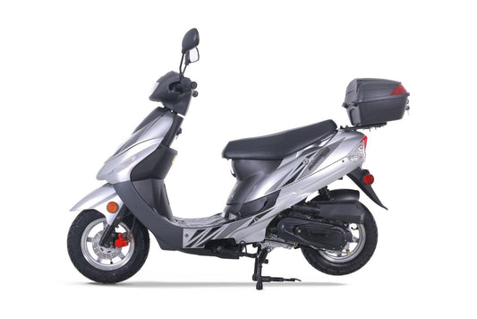 Silver and black 50cc gas scooter with storage box, side view on white background
