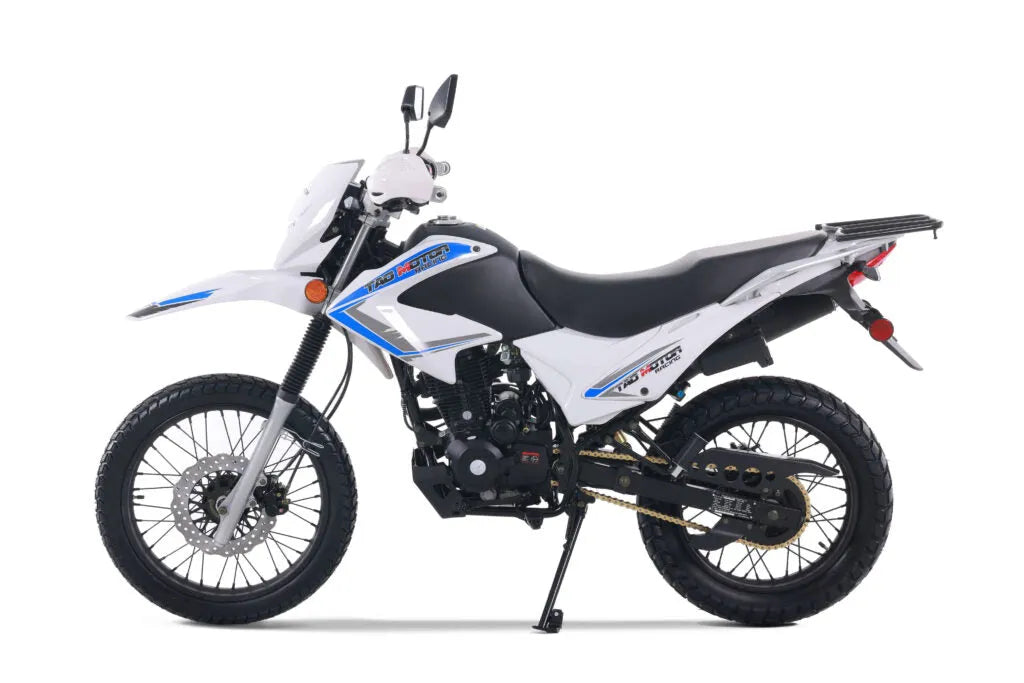 White dirt bike with black seat, off-road tires, side profile, suitable for beginners and adults