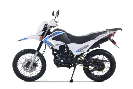 White dirt bike with black seat, off-road tires, side profile, suitable for beginners and adults