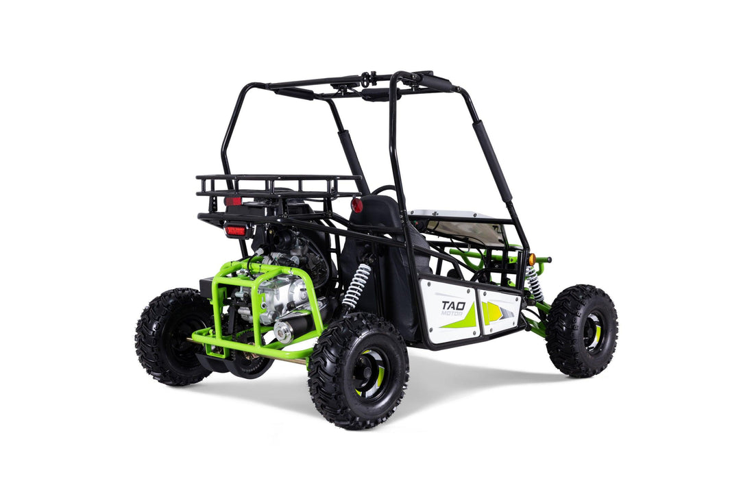Green and black off-road go-kart with roll cage and rugged tires, rear angle view