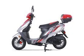 Red and silver 50cc scooter with top storage box on a white background