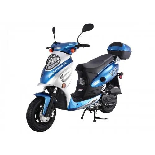 Blue and white Tao Motor VIP 50cc scooter with rear storage box on white background.