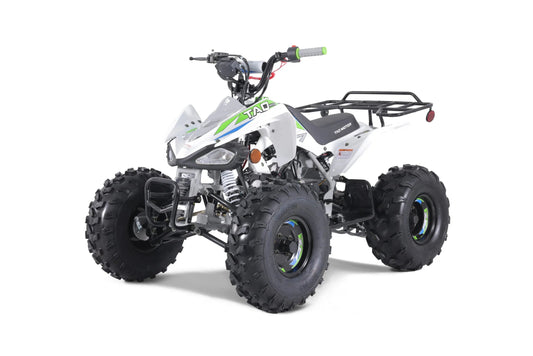White Tao Motor Cheetah 125cc ATV with black off-road tires and green accents, side view