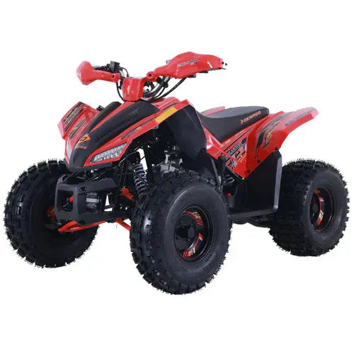 Red Trailhawk kids ATV with black and orange accents, rugged off-road tires, and youth-friendly design