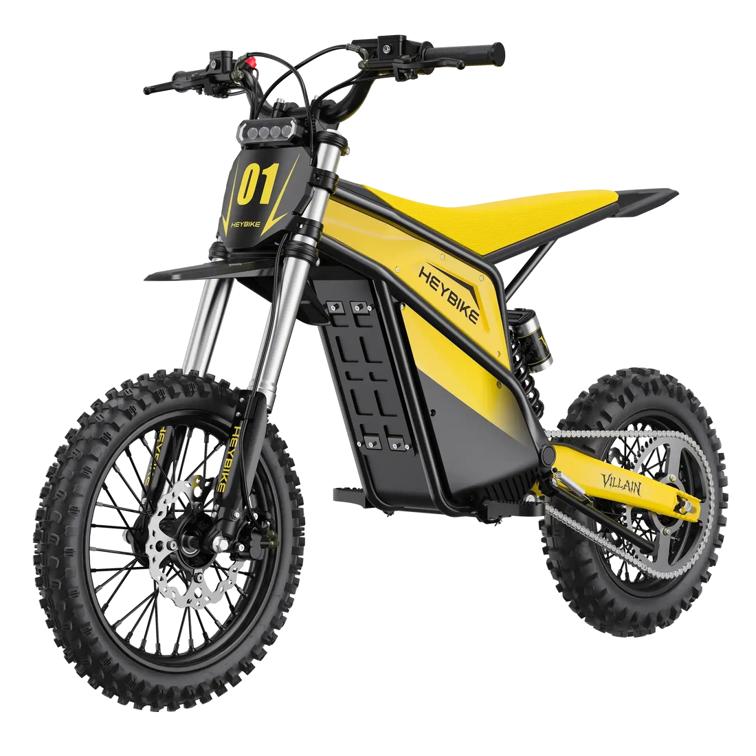 Yellow and black electric dirt bike with knobby tires, off-road suspension, and side stand