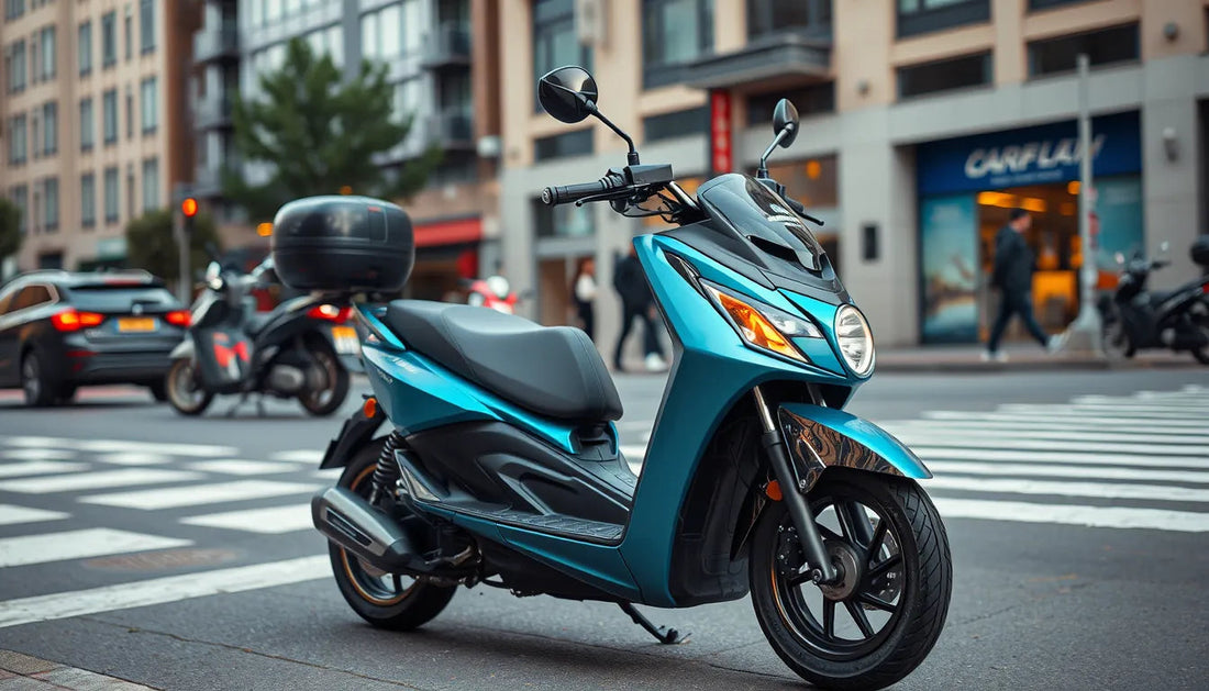 Blue scooter parked on city street, urban background, modern electric scooter