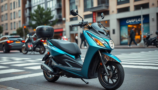 Blue scooter parked on city street, urban background, modern electric scooter