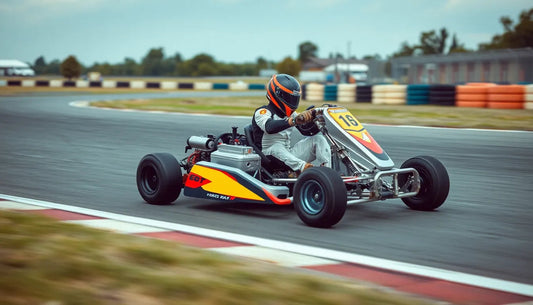 Go-kart racer in full gear driving on an outdoor track, taking a curve at speed
