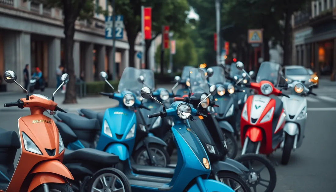 Colorful scooters parked on a city street, featuring orange, blue, red, and white models.