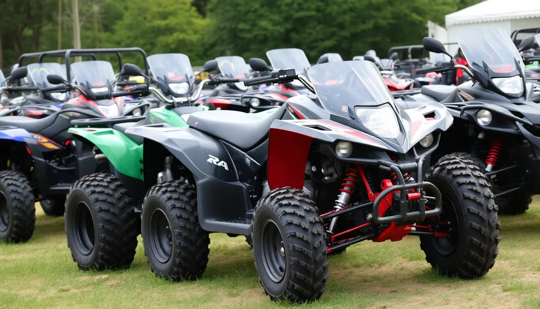 Row of ATVs with windshields parked outdoors on grass, off-road vehicles for sale