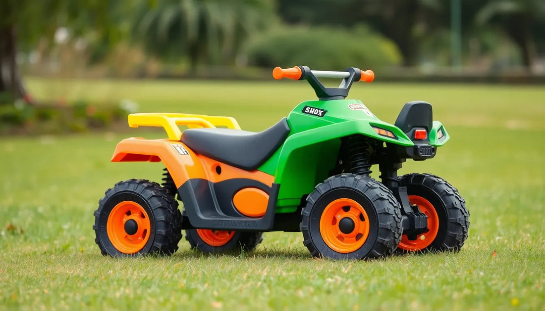 Colorful kids ATV with large tires parked on grass, outdoor children’s quad bike ride-on