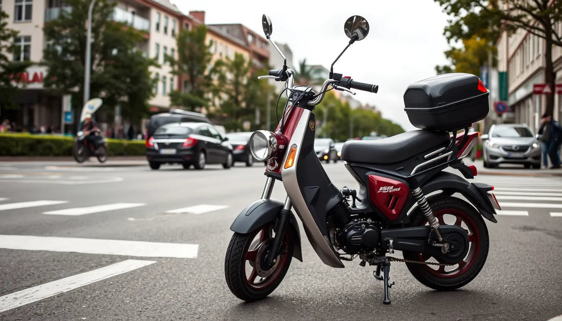 Red and black scooter parked on city street, ideal for urban commuting and beginners.