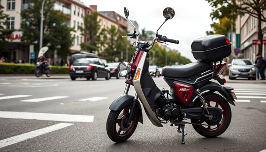 Red and black scooter parked on city street, ideal for urban commuting and beginners.
