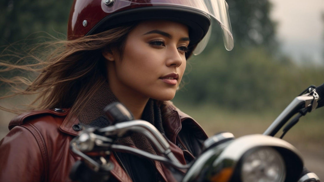 Woman in helmet riding motorcycle outdoors, ideal for beginners and new motorcycle shoppers