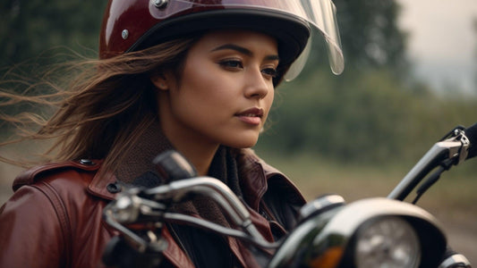 Woman in helmet riding motorcycle outdoors, ideal for beginners and new motorcycle shoppers