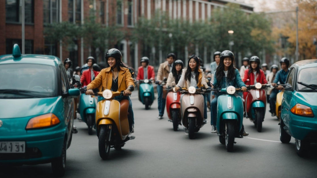 Group of college students riding colorful scooters in an urban street setting wearing helmets
