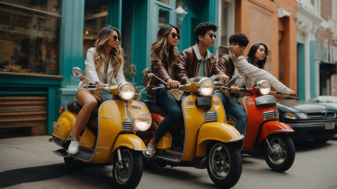 Group of young adults riding motor scooters on a city street, wearing casual outfits and sunglasses.