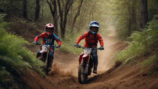 Two kids riding youth dirt bikes on a forest trail wearing helmets and motocross gear
