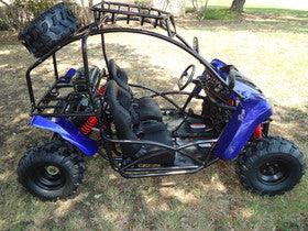 Blue youth go-kart with off-road tires and roll cage parked on grass