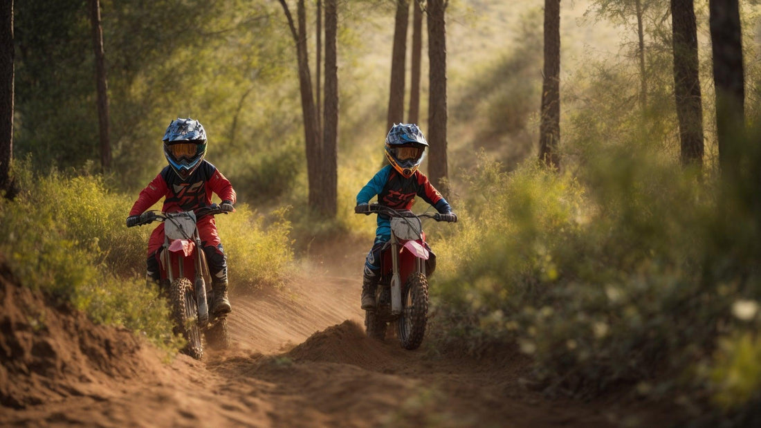 Two kids riding dirt bikes on a forest trail, wearing helmets and motocross gear.