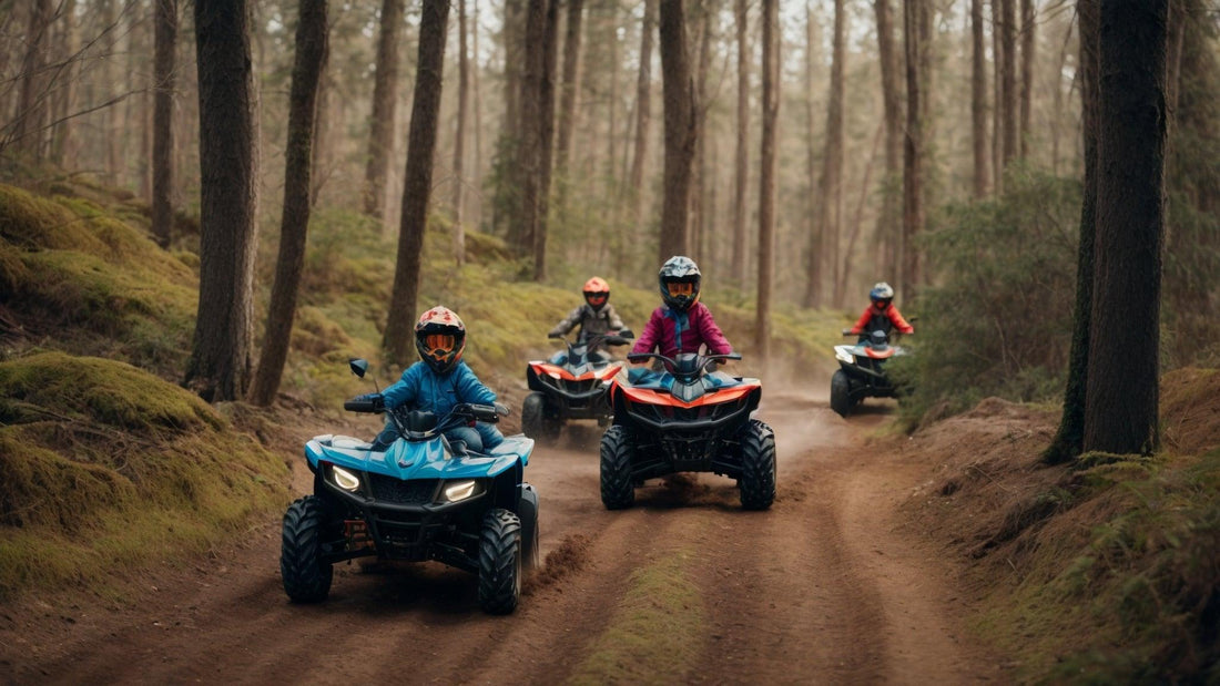 Kids riding ATVs on a forest trail, wearing helmets and outdoor gear, family ATV adventure
