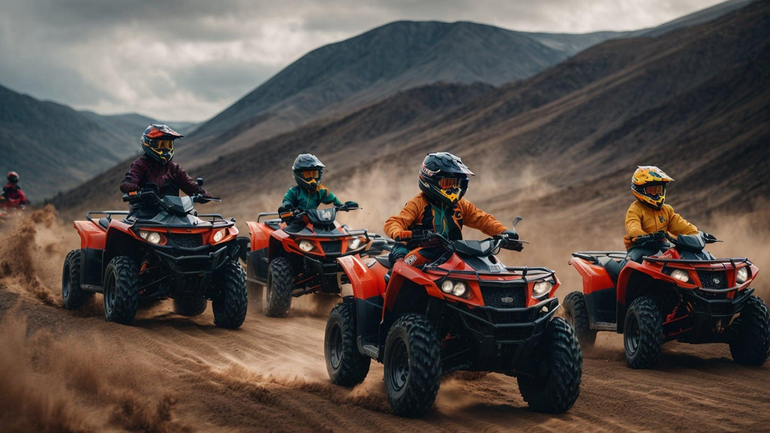 Kids riding red ATVs on dirt trail with mountains in background, wearing safety helmets