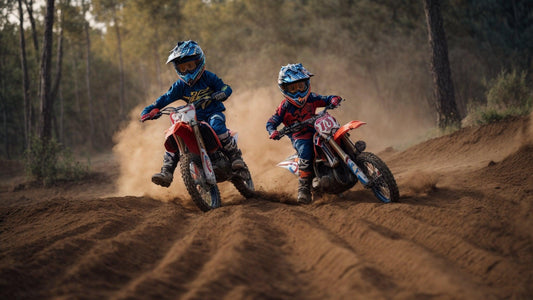 Two kids riding dirt bikes on a sandy motocross trail outdoors, wearing helmets and gear