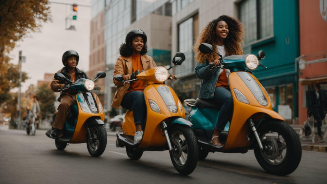 Three young adults riding yellow and teal 50cc scooters in an urban city street.