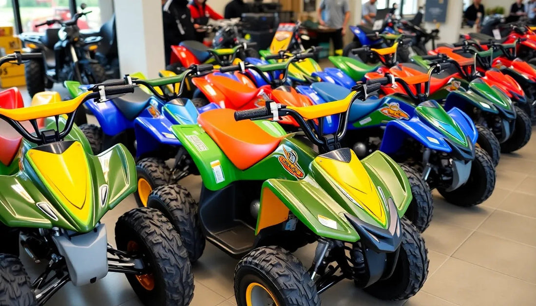 Colorful youth ATVs lined up in a showroom, featuring green, blue, and red quad bikes.