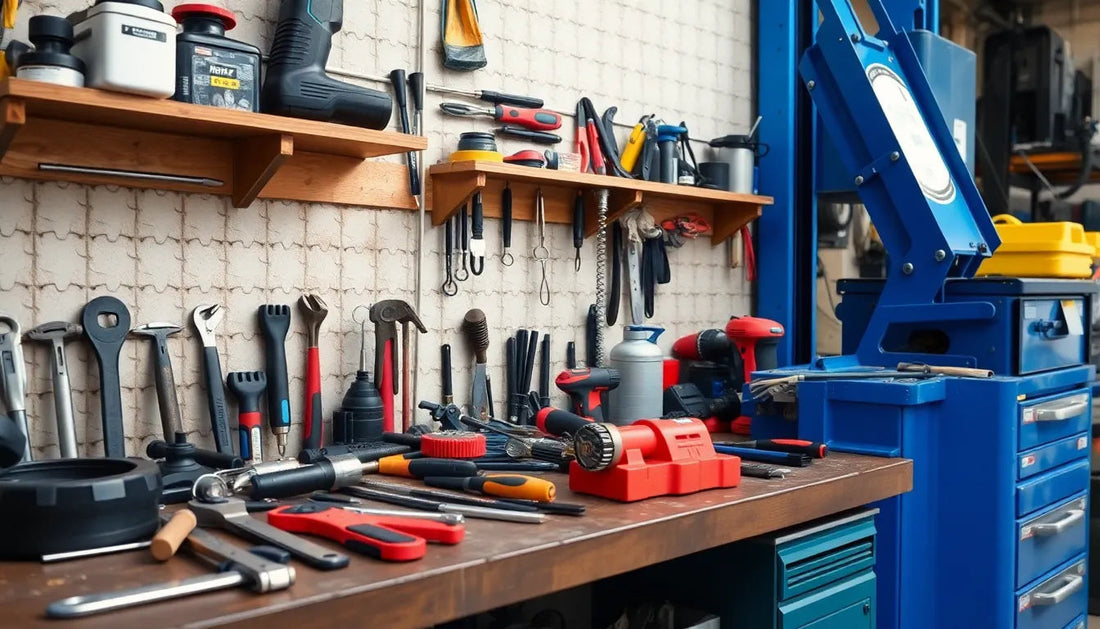 Organized workshop bench with various hand tools, power tools, and blue tool storage cabinets